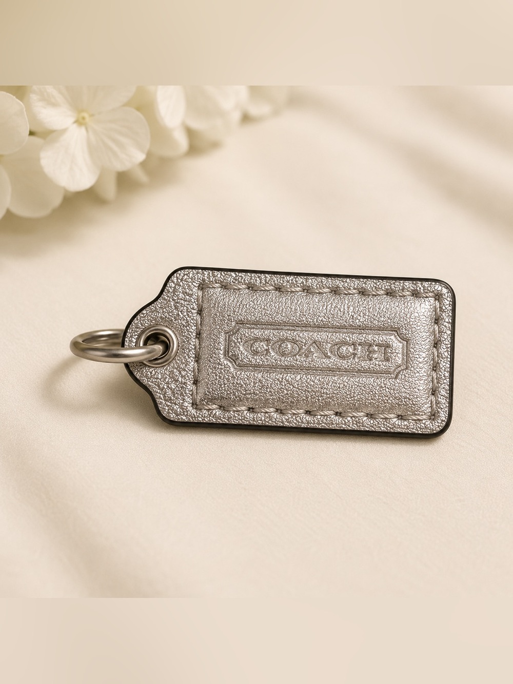 Coach Metallic Silver Leather Key Tag with Logo Ring